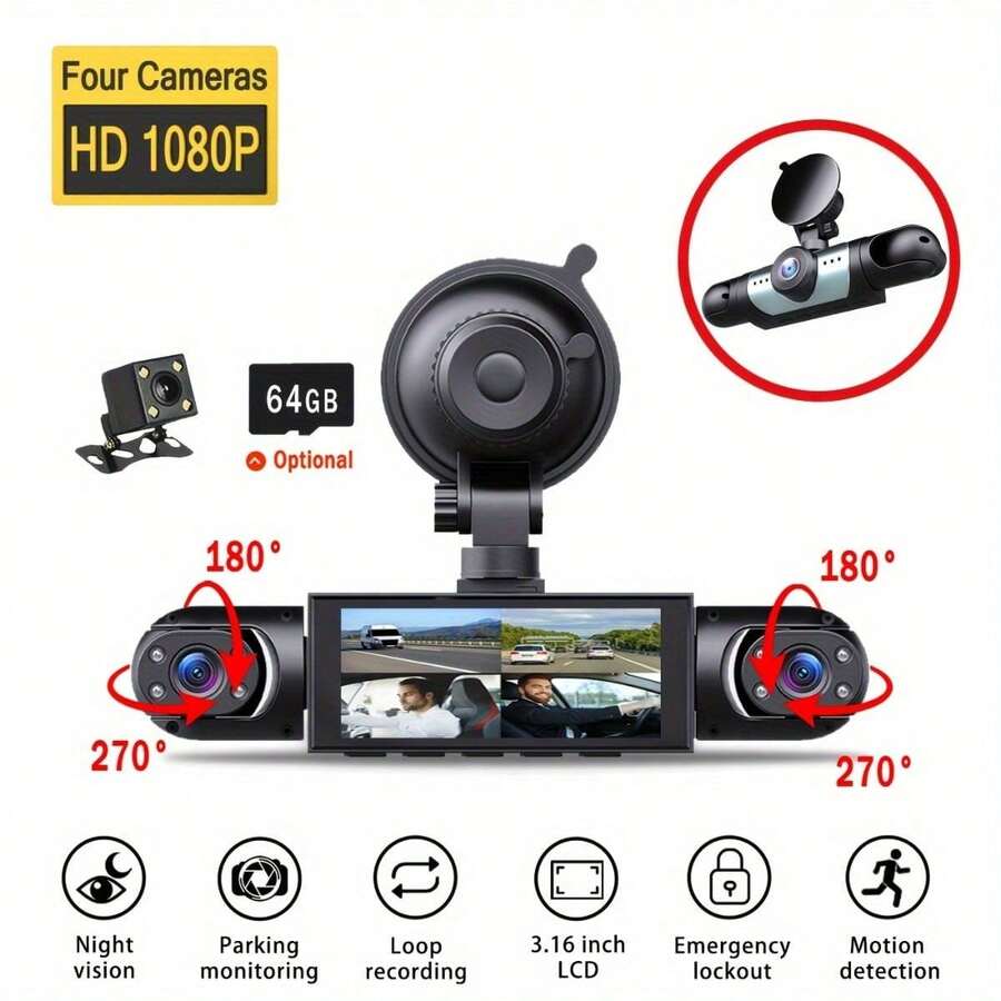 1pc 360° 3/4-Channel Car Dash Cam - Front 1080P & Rear/Left/Right 720P, 3.16" IPS Display, Night Vision, 24H Parking Mode (G-Sensor/Motion Detection),  Music Player, Supports 64GB Card - Four -way display - View 1