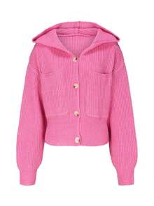 Áo len cardigan nữ Joy Knit thời trang thu đông mới, trở lại trường, giản dị tối giản đa năng, áo khoác cardigan dệt kim cài nút túi lớn có mũ rộng rãi, công sở cho nữ đi chơi du lịch sân bay - Màu Hồng  San hô - Xem 7