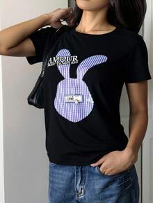 T-SHIRT LENTEJUELA CONEJO  Letras  Conejo    Casual    Ninguno - Negro - Ver 1