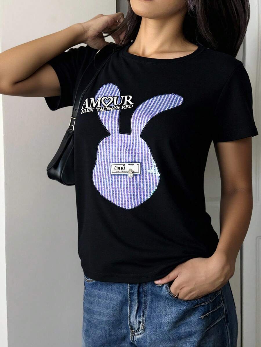 T-SHIRT LENTEJUELA CONEJO Letras Conejo Casual Ninguno - Negro - Ver 1