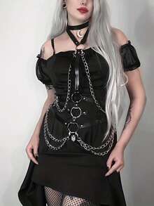 1pc Gothic Women Solid Color Leather Chain Waist Belt, Fashionable Bondage Style Adjustable Body Chain Accessory For Party Corset - Black - View 1