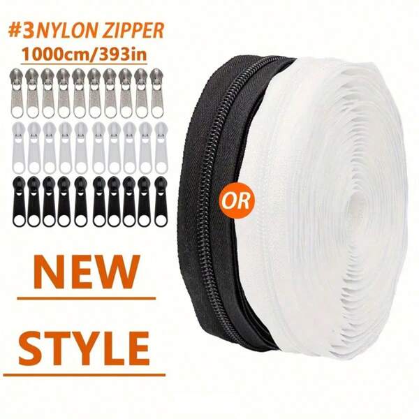 1 Roll 3# Nylon Coil Zipper, 196.85 Inch/393.7 Inch Continuous Nylon Coil Zipper With 10/20 PCS Silver Zipper Sliders