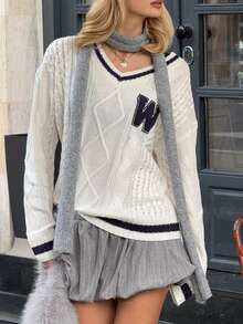 Maglione da donna con scollo a V, stile college retrò americano, moda autunno/inverno 2025, maniche lunghe, lasco e ampio, con motivo jacquard a lettera