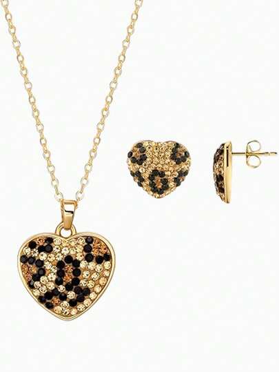 Set di orecchini e collana in argento sterling 925 placcato oro 18K a forma di cuore leopardato con cristalli austriaci, 45,72 cm di lunghezza con estensione di 5,08 cm