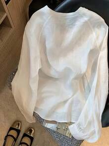 Blusa unicolor de manga larga con botones, elegante y romántica, estilo retro casual para vacaciones