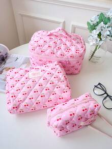 1 件/套 红色樱桃印花绗缝化妆包，时尚可爱多功能便携大容量拉链化妆包，化妆包，小型化妆包，化妆盒，可爱化妆包，化妆包，卫生巾包，情人节礼物，有线耳机，旅行化妆包，护肤化妆品和美容包，护士化妆包，节日礼物，返校礼物 - 粉色 - 查看 1