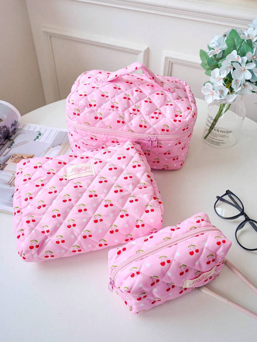 1 件/套 红色樱桃印花绗缝化妆包，时尚可爱多功能便携大容量拉链化妆包，化妆包，小型化妆包，化妆盒，可爱化妆包，化妆包，卫生巾包，情人节礼物，有线耳机，旅行化妆包，护肤化妆品和美容包，护士化妆包，节日礼物，返校礼物 - 粉色 - 查看 1