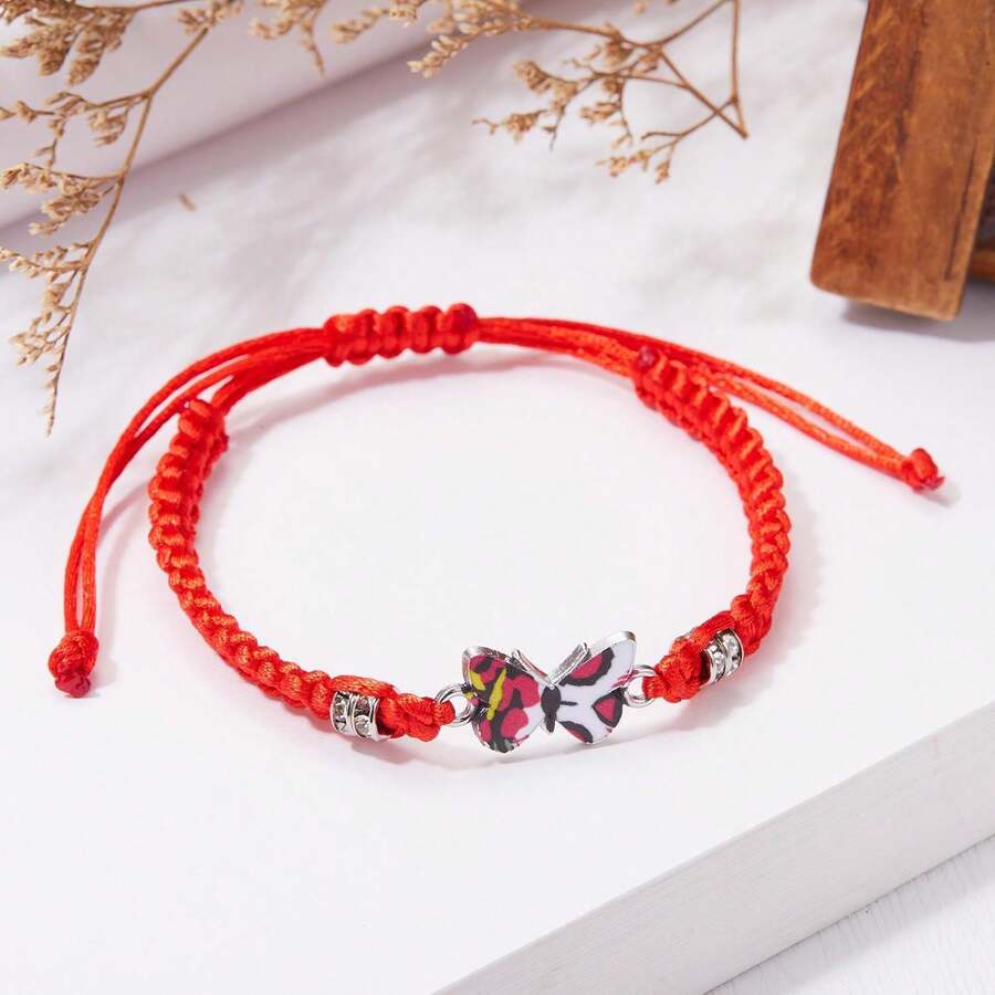 1Pc Butterfly Hand Woven Bracelet, Couple Friendship Bracelet, Gift Party - Đỏ - Xem 1