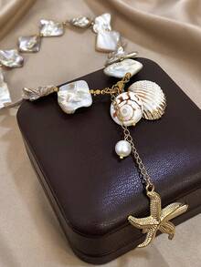 夏季波西米亚风 18K 镀金不锈钢海洋时尚项链，配天然石吊坠，适合女士、妈妈礼物、旅行海滩珠宝、狂欢/舞会/派对/日常配饰、返校礼物、生日礼物、伴娘礼物、骄傲配饰、美人鱼 - 彩色 - 查看 3