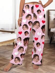 Quần pajama lông cừu mềm mại tùy chỉnh Printstory, cá nhân hóa, dành cho cặp đôi, thần tượng, đồ mặc nhà bằng vải flannel dày dặn, ấm cúng, dành cho gia đình, pajama in hình khuôn mặt tùy chỉnh theo xu hướng. - Hồng - Xem 3