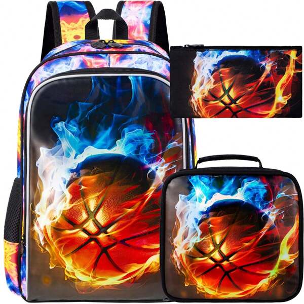 3PCS Lightning Basketball Backpack Set - Large Capacity, Meal Bag And Pen Case - Suitable For Daily Commuting, Business, Travel And School