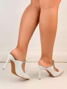 Zapatillas de tacón stiletto con puntera puntiaguda, decoradas con cristales, de estilo sexy europeo y americano - Blanco - Ver 5