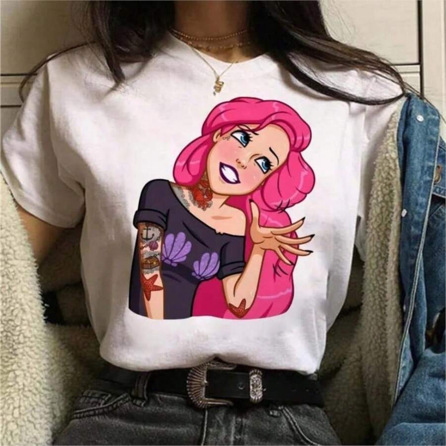 COOL SUMMER Punk Princess Printed Pattern Tee Mermaid ArielS Kawaii Girls T-Shirt Streetwear Womens Tops Cute Harajuku T-Shirt - 白色 - 查看 1