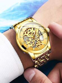 BIDEN 男士机械表，时尚商务自动机械表，镂空夜光表盘，不锈钢表带，男士防水机械表 - 均碼 - 查看 12