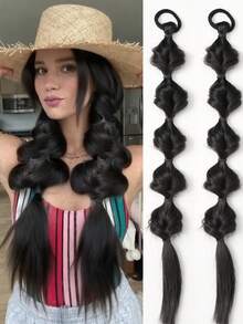 2 件 20 英寸马尾假发女式泡泡辫天然染色扭辫扎发绺 1 双马尾灯笼辫 - 彩色 - 查看 16