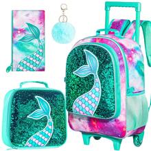 3PCS Rolling Backpack For Girls, Crown Unicorn Kids Roller Wheels Bookbag, Wheeled School Bag With Lunch Bag