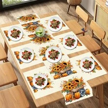 Decoración del hogar, 4 piezas de manteles individuales con estampado de elementos de Acción de Gracias y 1 pieza de camino de mesa, manteles individuales adecuados para mesas de comedor, decoraciones de Acción de Gracias, estilo moderno lavables, resistentes al calor y a las manchas, decoraciones de habitación, manteles individuales, posavasos, manteles de mesa de cocina, decoraciones de fiesta, decoraciones del hogar, regalos ideales de Acción de Gracias