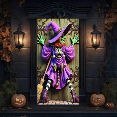 1 件万圣节 2D 平面门横幅横幅女巫背猫关门造型图案适用于恐怖万圣节派对门罩装饰摄影横幅佩戴金属扣涤纶材料