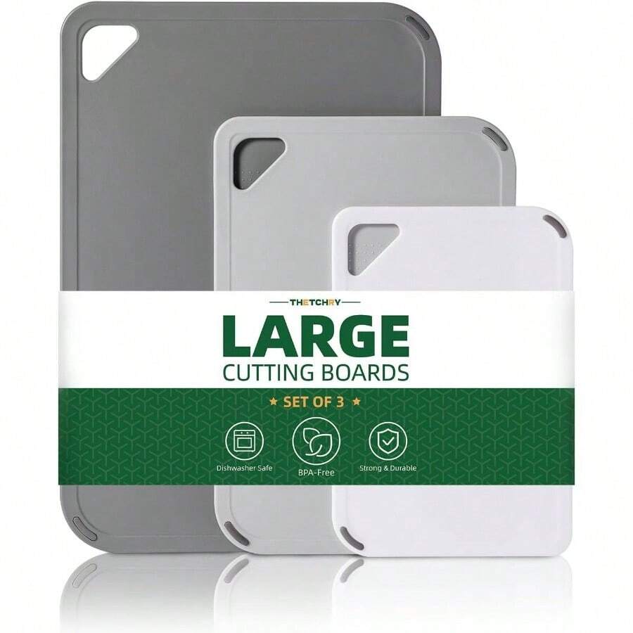 Plastic Cutting Board Set Of 3Cutting Boards For Kitchen , LargeSmall Chopping Boards NonSlip For Cooking Camping Dishwasher Safe, Reversible, With Grip Handle, 15"10"0.6" Green - 3個裝+灰色 - 查看 1