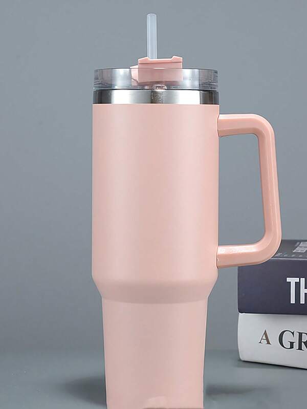 1 Stück, 1,18 Liter Edelstahl, mit Griff und Strohhalm-Abdeckung, wiederverwendbare isolierte Doppelwand-Edelstahl-Wasserflasche, Reisebecher, Eiskaffe-Becher, Geschenk für Frauen, kann Eisgetränke und heiße Getränke im Wasserbehälter halten