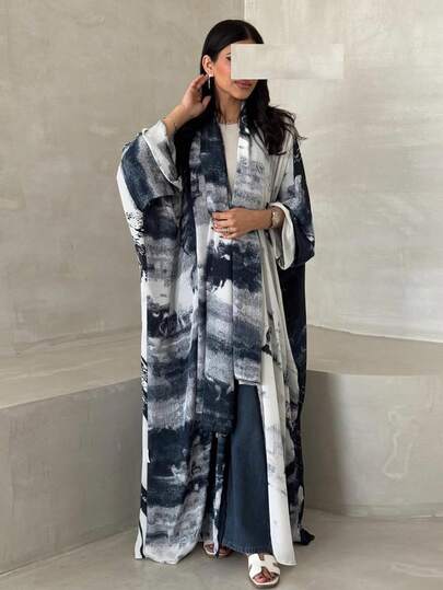 Hafizah 朴素时尚雪纺印花开衫长袍，穆斯林女性服装，带头巾