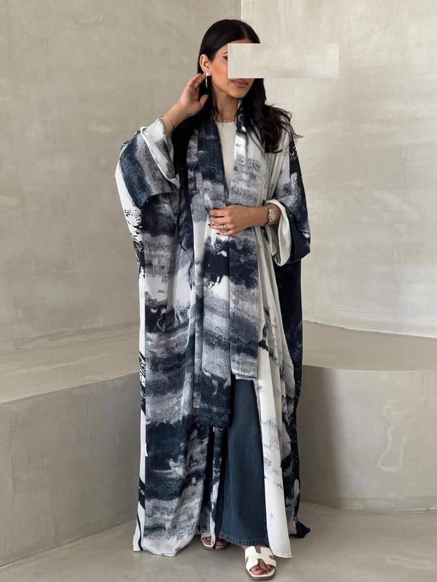 朴素时尚雪纺印花开衫长袍，穆斯林女性服装，带头巾 - 藍色 - 查看 1