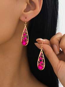 1 对奢华复古迷人紫红色水钻泪珠吊坠耳环，适合女士 - 玫紅色 - 查看 1