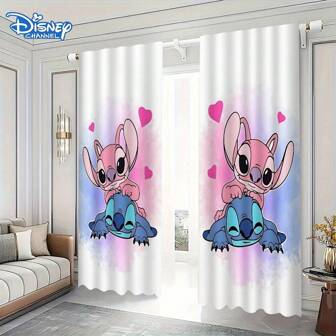 Sanrio 2 pezzi Tende oscuranti a tema coppia Disney Stitch - 100% poliestere, motivo a cuore sfumato rosa e blu, decorazione per soggiorno e camera da letto in tutte le stagioni, adatte per Natale e San Valentino, design divertente | Tessuto che non sbiadisce