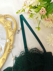 时尚无缝细肩带文胸，性感修身无肩带蕾丝吊带露脐上衣 - 墨綠色 - 查看 8