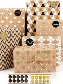 7pcs Gift Wrapping Paper Set, Brown Kraft Paper, Suitable For Birthday, Graduation And Various Occasions, Unisex - Multicolor - View 1