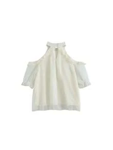 夏季新款仿珍珠项链露肩优雅光泽雪纺衬衫收腰半身裙套装，高端上衣 - 杏色 - 查看 8