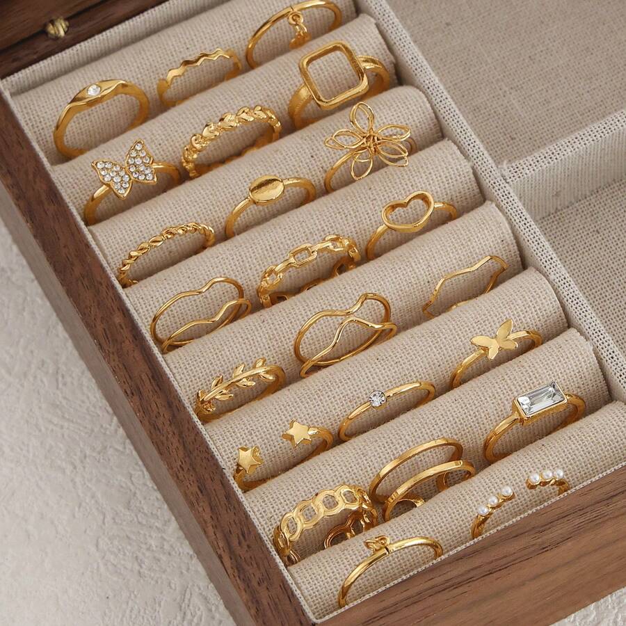 23件套镂空花朵蝴蝶装饰戒指套装（女士款） - 金色 - 查看 1