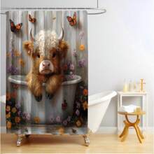1 pieza/4 piezas Conjunto de cortina de baño con patrón de vaca de las Tierras Altas, cortina de ducha impermeable con alfombra antideslizante, tapa de inodoro y alfombra de baño, instalación fácil con ganchos en C, decoración de otoño para el baño, accesorios de baño de vuelta al colegio
