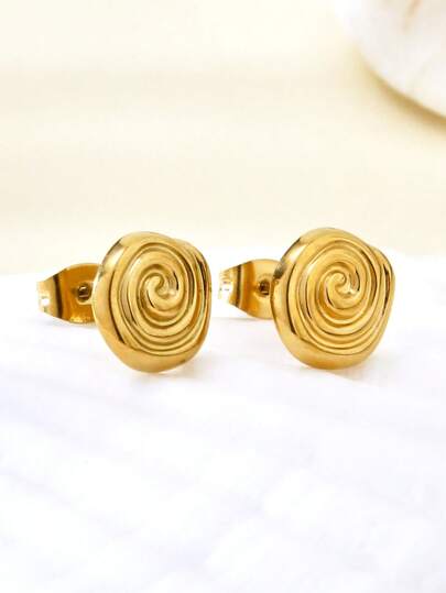 TONSI 1pc Fashionable Minimalist Elegant 18K Gold Plated Stainless Steel Snail & Rose Flower Stud Earrings, Suitable For Holidays, Work, Daily, Party, Gift For Friends And Couples