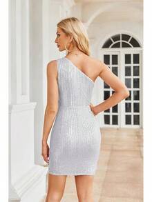 GRACE KARIN Womens Sequin Dress Cocktail One Shoulder Sleeveless Sparkly Tie Waist Party Mini Dresses