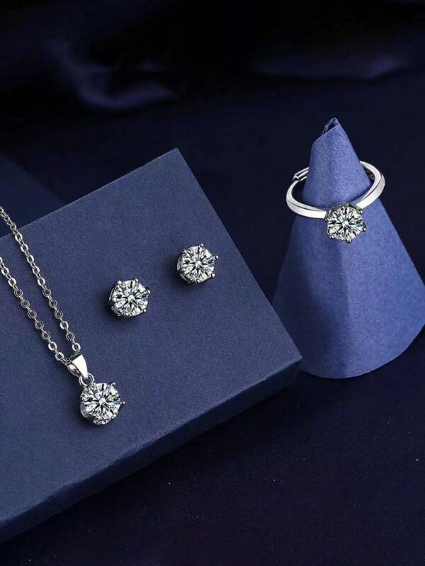 4-Piece Set Of Fashionable Light Luxury Simple Temperament Zirconia Necklace Six Claw Diamond Jewelry Earrings Necklace, Ring Jewelry Set, Women's Jewelry, Suitable For Daily Or Party Wear, Give To Friends
