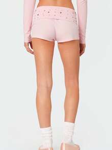Women Y2K Studded Foldover Summer Hot Shorts Vintage Low Waist Slim Fit Micro Shorts - Hồng - Xem 3