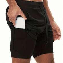 Unisex Regular Fit Shorts For Daily Style,Casual Beach Workout Lined Tight Shorts,3-In-1 Double Layer Shorts,Graphic Shorts,Quick Dry Swim Trunk,Comfortable Short For Summer,Quick Dry Wear,Beach Shorts,Lightweight Short,Drawstring Short,Comfortable Breathable Fitness Shorts - 黑色+黑色 - 查看 5