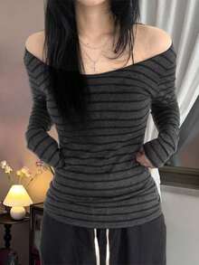 Women Y2k Striped Off The Shoulder T Shirt Top Fairy Grunge Long Sleeve Boat Neck Slim Fit Tee Shirts Crop Tops Fall Spring Casual Basic Tees Going Out Tops Gothic Emo E-Girl Vintage Aesthetic Clothes Halloween Streetwear - 深灰色 - 查看 1