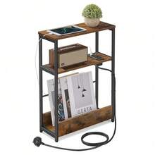 Slim Side Table With Charging Station, 3-Tier Narrow Bedside Table, End Table For Small Spaces, Magazine Rack, For Living Room, Bedroom, Study, Rustic Brown And Ink Black - UK Plug(220-240V) - View 9