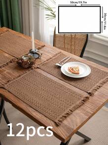 1/4/6/12pcs Bohemian Woven Placemats, Khaki Knitted Hollow Rectangle Coasters, Kitchen Supplies, Water Cup Bowl Dish Non-Slip Mats, Suitable For Daily, Festivals, Gatherings, Parties, Weddings, Dinners, Home Decor, Retro Style