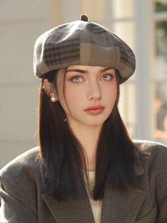 1pc Women's Plaid Patchwork Beret Hat, Large Head Circumference, Comfortable Pumpkin Artist Cap, Casual Fashion Octagonal Hat, Suitable For Autumn Everyday Wear And Outings