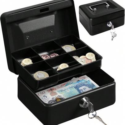 6 英寸金属钱箱带密码锁 - 耐用的钱盘存储，适用于家庭办公室、零售店和个人使用 - 安全锁箱，亮黑色表面 (15x12x9cm) - 紧凑型保险箱，可存放钞票和贵重物品