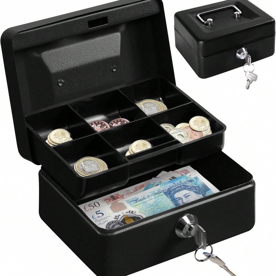 6 英寸金属钱箱带密码锁 - 耐用的钱盘存储，适用于家庭办公室、零售店和个人使用 - 安全锁箱，亮黑色表面 (15x12x9cm) - 紧凑型保险箱，可存放钞票和贵重物品 - 黑色 - 查看 1