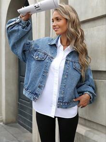 时尚百搭灯笼袖设计 Y2K 美感休闲酷炫牛仔夹克，适合少女，年轻女孩，春夏 - 藍色 - 查看 7