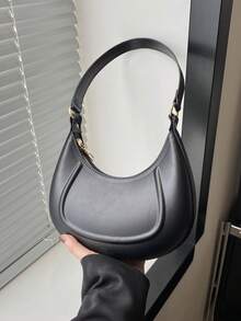 1pc Zipper Closure PU Solid Color Crescent Underarm Bag, Fashion Retro Shoulder Bag For Office/Work, Versatile For Women Daily Use - Black - View 2