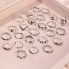 25Pcs Vintage Bohemian Stacking Rings Set  Moon Sun Star Tree Elephant Snake Love Phrases Family Strength Peace Jewelry For Women Girls Daily Resort - Bạc 1 - Xem 3