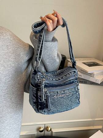 1 Piece Women Casual Denim Crossbody Bag Multi-Layer Zipper Closure Small Square Bag Multi Pocket Casual Shoulder Bag For Daily Use, Classic Denim Style, Embroidered Letter Decoration, Mini Crossbody Bag Is The Best Gift For Girls Who Want To Be Lighter And More Convenient