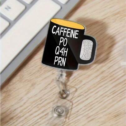 1 件趣味咖啡因徽章卷轴 - 带旋转夹的伸缩 ID 徽章夹、护士医生教师装饰徽章夹、带有 PO Q4H PRN 设计的可爱姓名徽章卷轴