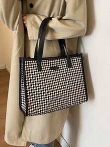千鸟格图案大号托特包，女士时尚简约大容量单肩包，通勤百搭 - 黑色 - 查看 5